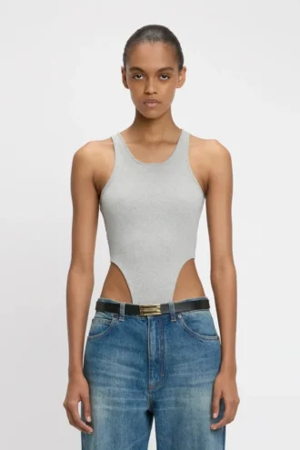 Bodysuit mit hohem Beinausschnitt in Grau meliert