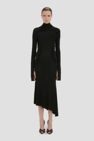 Midi-Kleid mit hohem Ausschnitt in Schwarz